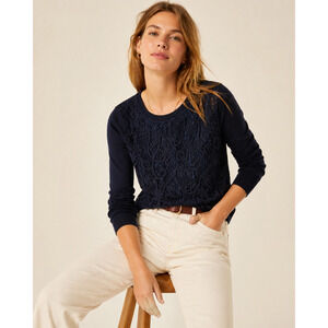 J. Crew Navy Blue Crochet Lace Cotton Silk Long Sleeve Blouse